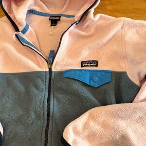Patagonia Kids Colorblock Fleece Hoodie in Pink, Gray & Blue